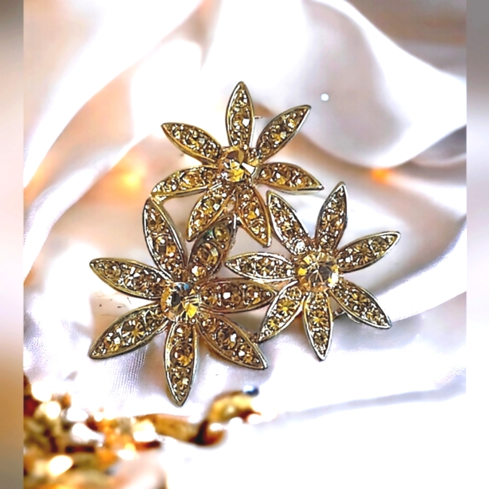 Gold Floral Crystal Statement Earrings - Women Jewelry